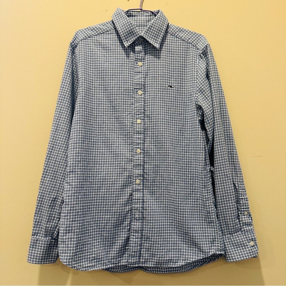 VINEYARD VINES Men's Long-Sleeve Plaid Blue/White Checker Classic Whale Shirt S